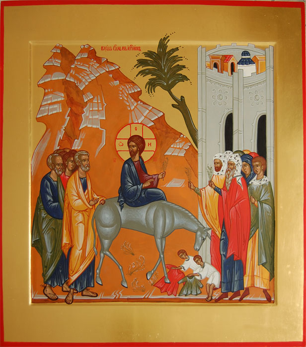 Икона Вход Господень в Иерусалим на золотом фоне