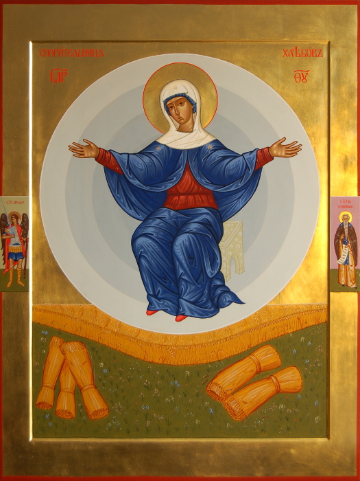 Образ Богородицы Спорительницы хлебов, со святыми архангелом Михаилом и преподобным Евфимием Великим на полях, золотой фон, размер 93х70 см.