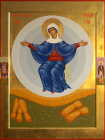 Икона Богоматери Спорительница хлебов, со святыми архангелом Михаилом и преподобным Евфимием Великим на полях. золотой фон, размер 193х70 см.