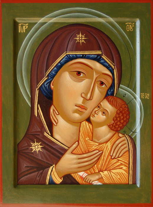 Икона Божией Матери - Богородица Умиление, на зеленом фоне с золотым ассистом, размер 24х18 см.