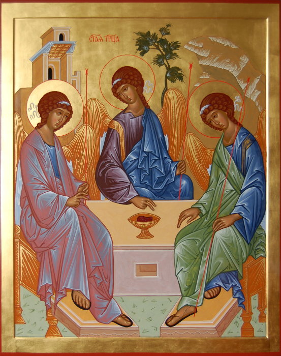 Икона Святой Троицы, Троица Ветхозаветная, на золотом фоне, размер 100х80 см.