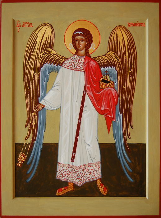 Икона святого Ангела Хранителя, с золотым нимбом и ассистом. Размер иконы 40х30 см.