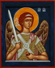 Поясная икона святого архангела Михаила на синем фоне, без золота. Размер иконы 21х17 см.