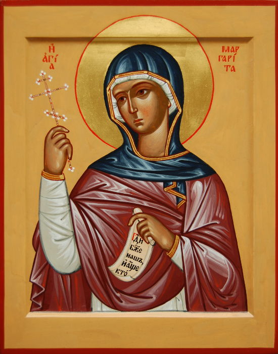 Святая Маргарита (Марина) Антиохийская. Икона с золотым нимбом и ассистом. Размер иконы 28х22 см.