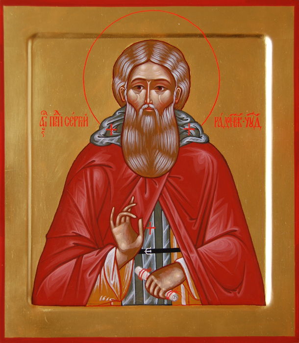 Святой преподобный Сергий Радонежский. Икона с золотым фоном. Размер иконы 31х27 см.