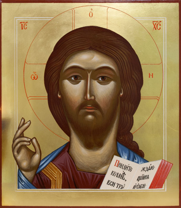 Икона Иисуса Христа - Спасителя, оплечная, с раскрытым Евангелием и с золотым фоном. Размер иконы 31х27 см.