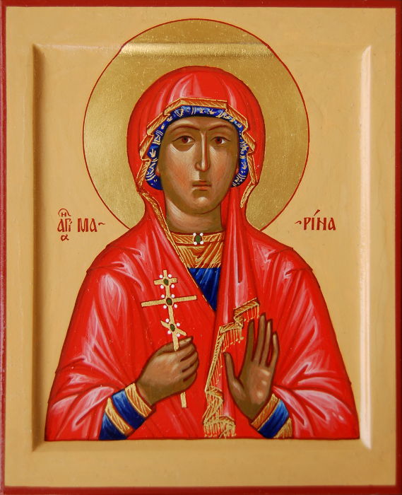 Поясная икона святой Марины Антиохийской - Маргариты Антиохийской. С золотым нимбом и ассистом. Размер иконы 16х13 см.
