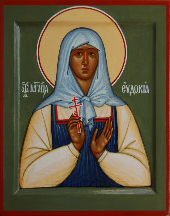 Икона святой новомученицы Евдокии Сафроновой. Поясная икона с зеленым фоном. Размер иконы 14х11 см. 