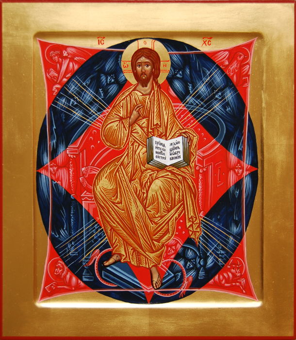 Икона Спас в Силах - Иисус Христос на престоле с ангелами вокруг. Икона с золотым фоном, нимбом и ассистом. Размер иконы 31х27 см. 