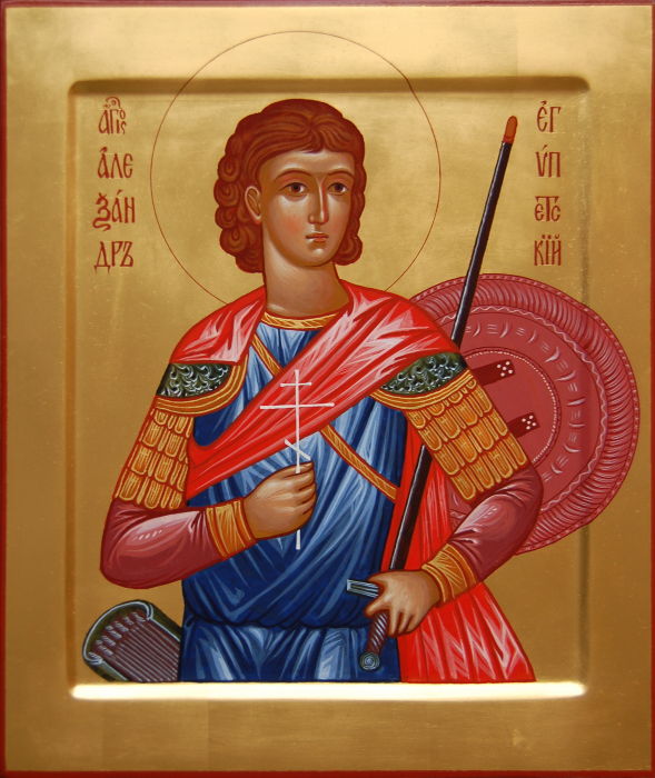 Поясная икона святого мученика воина Александра Египетского, память 9/22 июня. Икона с золотым фоном, нимбом и ассистом. Размер иконы 31,5х26,5 см. 