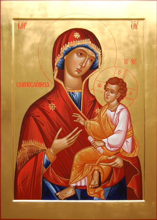 Икона Пресвятой Богородицы Скоропослушница. Икона с золотым фоном, нимбом и ассистом. Размер иконы 70х50 см.