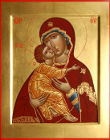 Владимирская икона Богородицы. Икона с золотым фоном, ассистом и нимбами. Размер иконы 28х22 см.