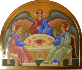Большая икона святой Троицы, на полукруглой доске, с золотым фоном. Размер иконы 125х148,5 см.
