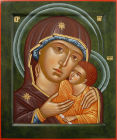 Икона Богоматери с Младенцем, на зеленом фоне, с золотым ассистом. Размер иконы 30х25 см.